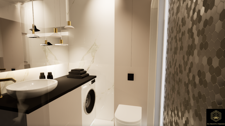 łazienka glamour, nowoczesna, mozaika, złote dodatki