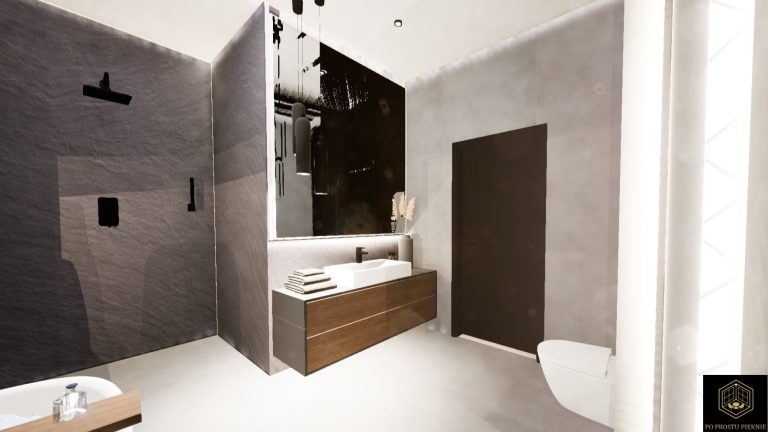 łazienka, wanna wolnostojąca i prysznic, spiek kwarcowy