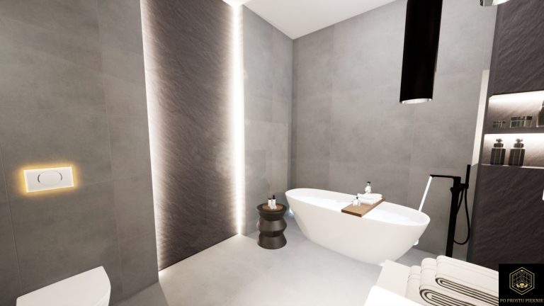 łazienka, wanna wolnostojąca i prysznic, spiek kwarcowy