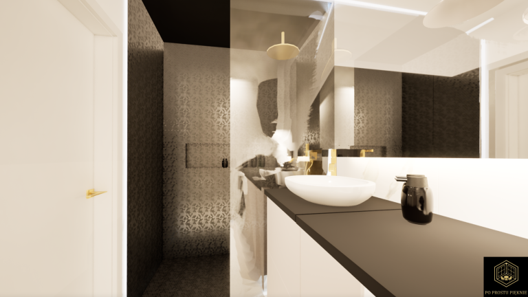 łazienka glamour, nowoczesna, mozaika, złote dodatki