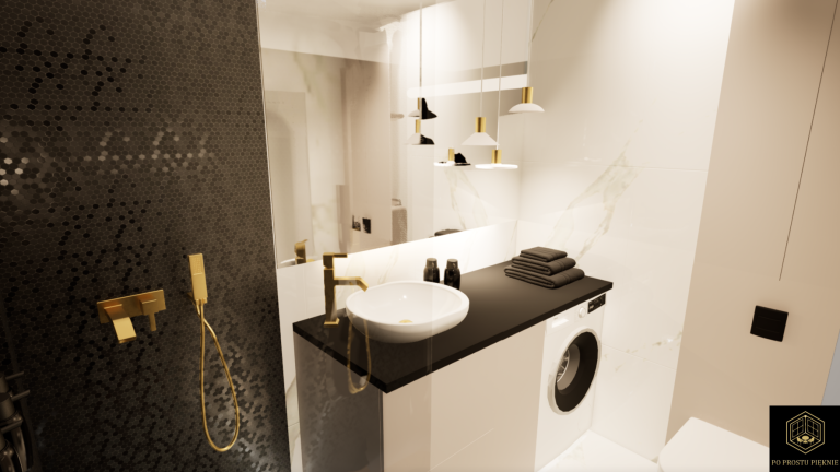 łazienka glamour, nowoczesna, mozaika, złote dodatki
