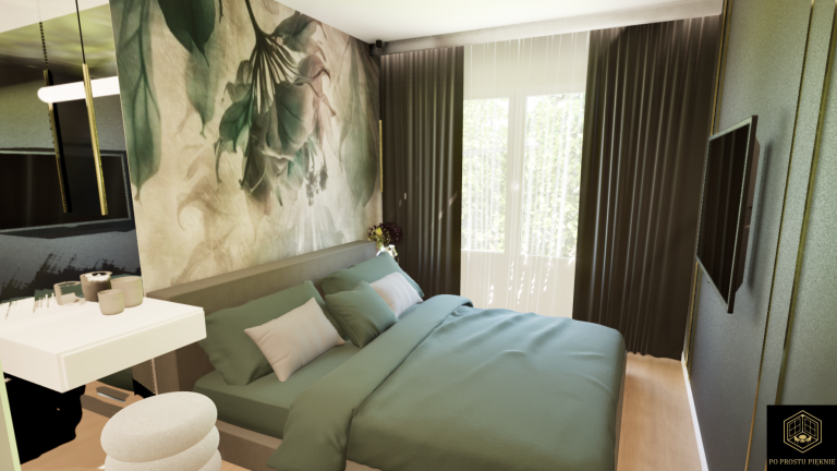 sypialnia, zielona, glamour, tapeta z kwiatem, ściana telewizyjna w sypialni