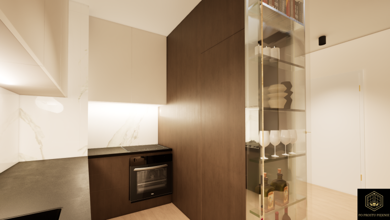 kuchnia w zabudowie z witryną, led w suficie, nowoczesny, glamour, new york, lamele