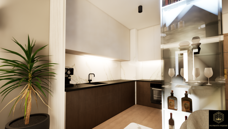 kuchnia w zabudowie z witryną, led w suficie, nowoczesny, glamour, new york, lamele