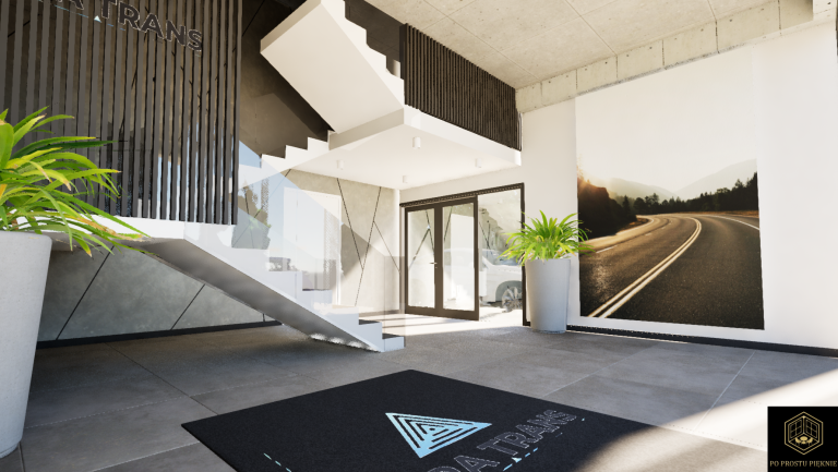 wejście do firmy, lightbox w firmie, lamele na schodach