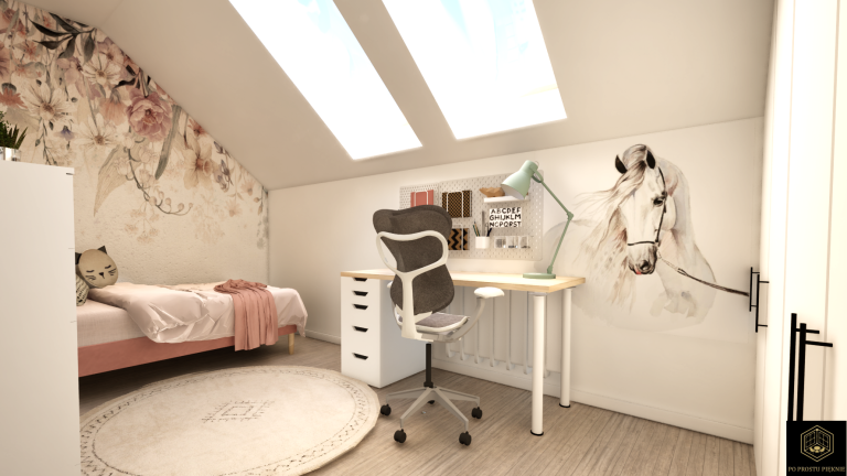 tapeta malumi, łóżko tapicerowane z zagłówkiem, szafa w zabudowie skosów, biurko ikea