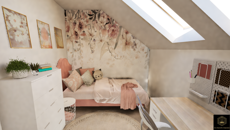 tapeta malumi, łóżko tapicerowane z zagłówkiem, szafa w zabudowie skosów, biurko ikea