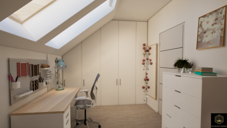 tapeta malumi, łóżko tapicerowane z zagłówkiem, szafa w zabudowie skosów, biurko ikea