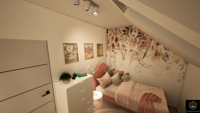 tapeta malumi, łóżko tapicerowane z zagłówkiem, szafa w zabudowie skosów, biurko ikea