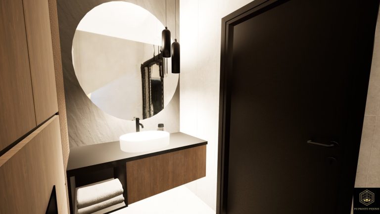 toaleta z lamelami, okrągłe, podświetlane lustro