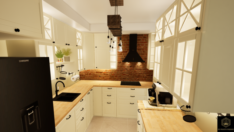 kuchnia ikea, farmhouse, przeszklone szafki, czarna lodówka, czarna bateria, cegiełka