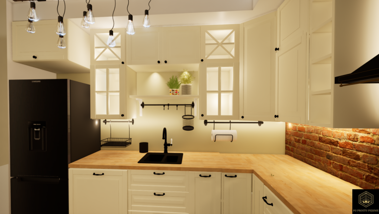 kuchnia ikea, farmhouse, przeszklone szafki, czarna lodówka, czarna bateria