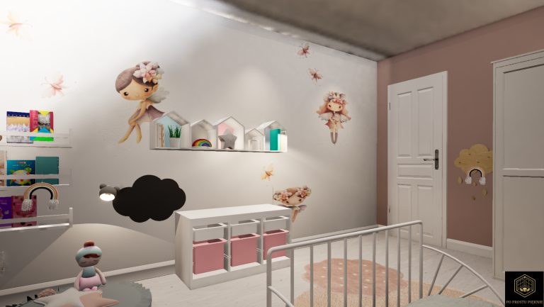 pokój dziecięcy, tapeta w jednorożce, baldachim, sztukateria, krzesło króliczek