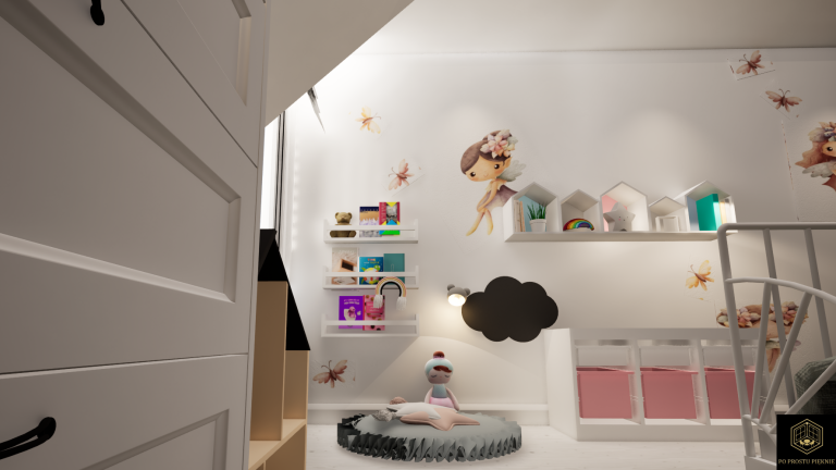 pokój dziecięcy, tapeta w jednorożce, baldachim, sztukateria, krzesło króliczek