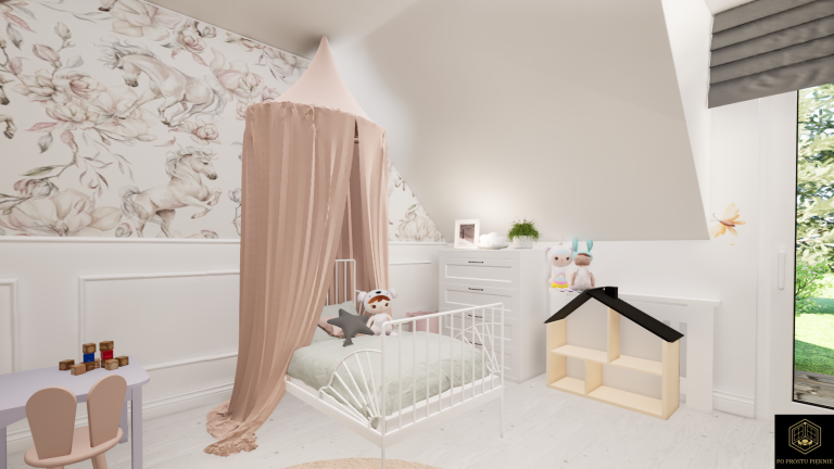pokój dziecięcy, tapeta w jednorożce, baldachim, sztukateria, krzesło króliczek