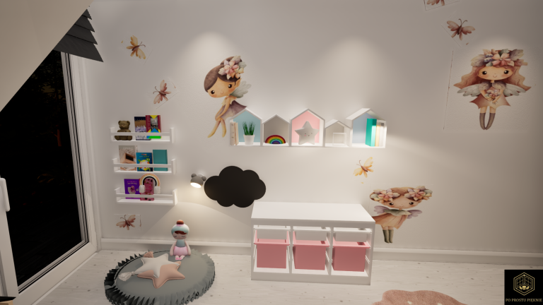 pokój dziecięcy, tapeta w jednorożce, baldachim, sztukateria, krzesło króliczek