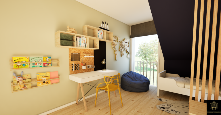 pokój dla chłopca, ścianka z lameli w pokoju dziecięcym, oddzielona strefa spania, biurko minko, komoda trofast, zabudowa wnęki w pokoju dziecięcym