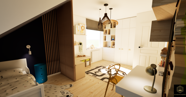 pokój dla chłopca, ścianka z lameli w pokoju dziecięcym, oddzielona strefa spania, biurko minko, komoda trofast, zabudowa wnęki w pokoju dziecięcym