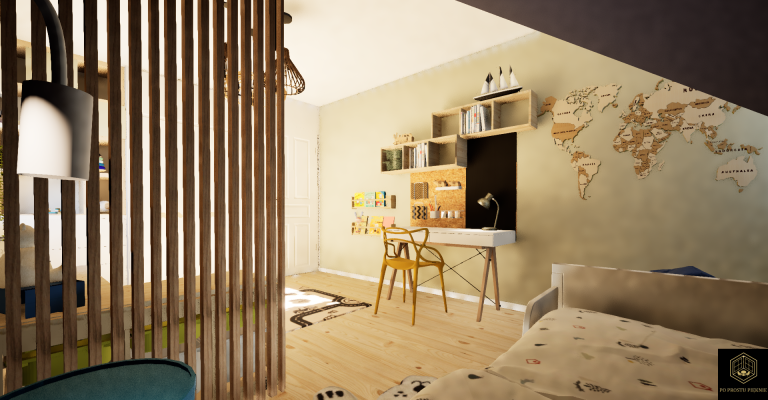 pokój dla chłopca, ścianka z lameli w pokoju dziecięcym, oddzielona strefa spania, biurko minko, komoda trofast, zabudowa wnęki w pokoju dziecięcym