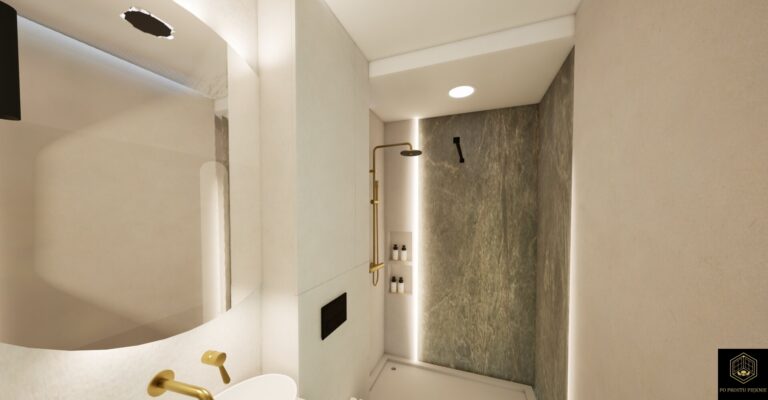 Fornir kamienny na ścianie pod prysznicem z paskami LED i szczotkowaną miedzią