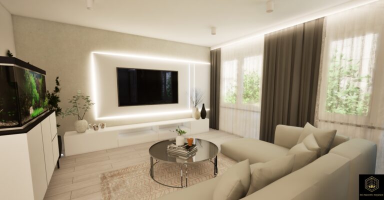 strefa dzienna mieszkania z podświetlanym telewizorem, okrągłym stolikiem i akwarium