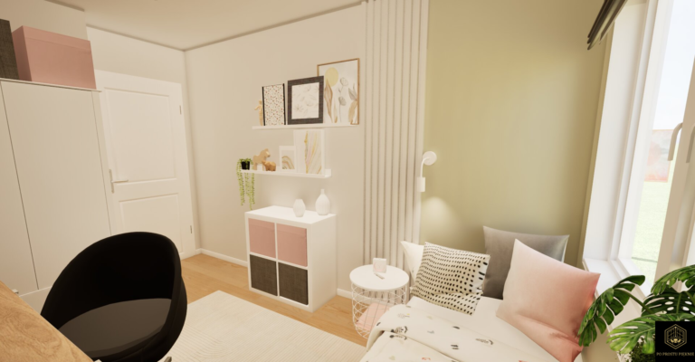 Lamele drewniane oddzielające strefę sypialnianą w pokoju dziewczynki