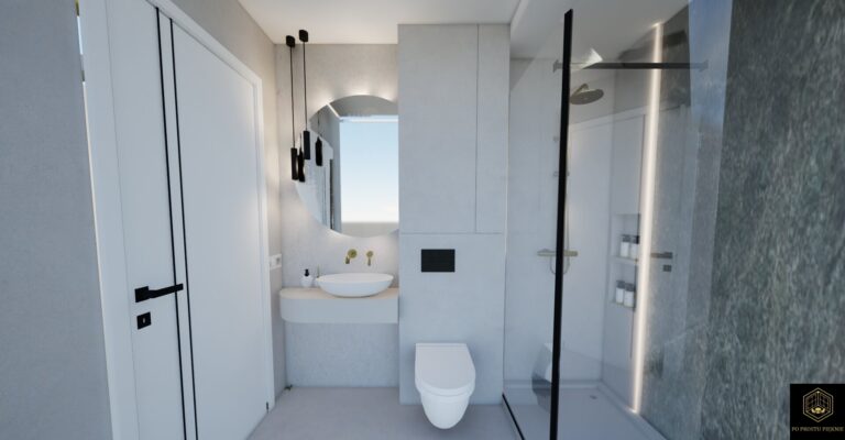 Okrągłe podświetlane lustro i czarne kinkiety nad minimalistyczną umywalką