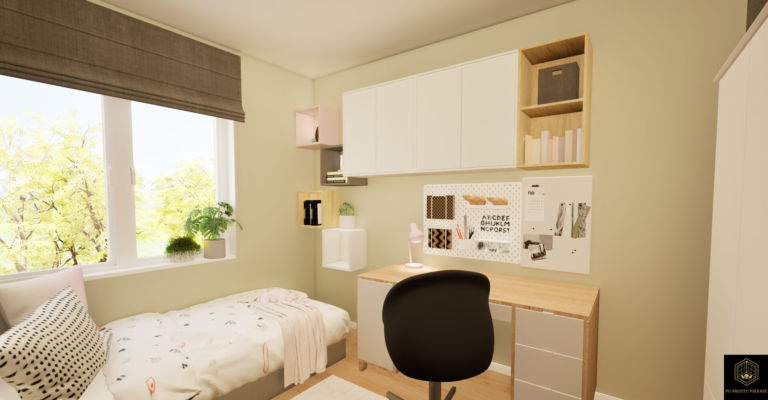 Biurko do nauki z drewnianym blatem i białymi szufladami, w małym pokoju dziecięcym