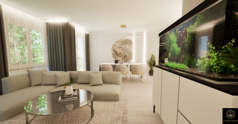 wnętrze z akwarium i jadalnią w jasnych kolorach