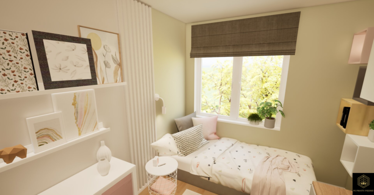 Białe łóżko dziecięce pod oknem z lampką do czytania, w pokoju dla dziewczynki w wieku szkolnym