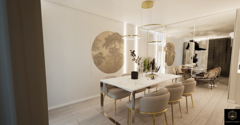 jadalnia z dekoracyjnym oświetleniem LED, stół i krzesła ze złotymi nogami i marmurowym blatem