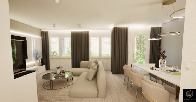 salon z beżową rogówką i stołem na 6 osób