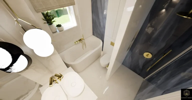 Luksusowa łazienka z wanną i prysznicem, wyłożona płytkami marmuropodobnymi.