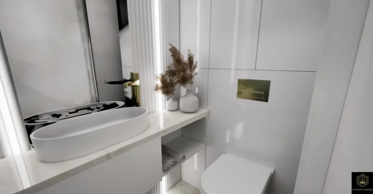 Detal małej toalety z ryflowaną ścianą i ukrytym oświetleniem.