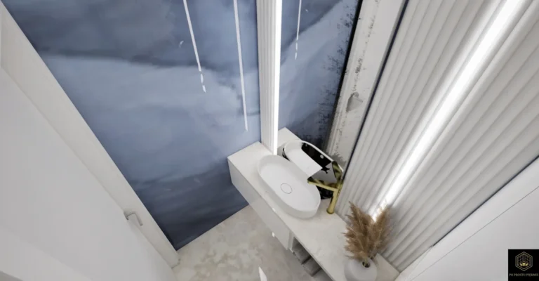 Projekt małej łazienki z elegancką płytą imitującą marmur i gresową podłogą.