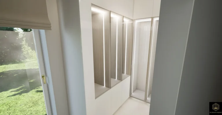 Widok na zorganizowaną garderobę z półkami na buty i wieszakami na ubrania.