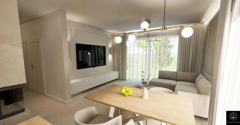 Jasny salon w stylu modern classic z gresową podłogą, złotymi lampami i białymi meblami.