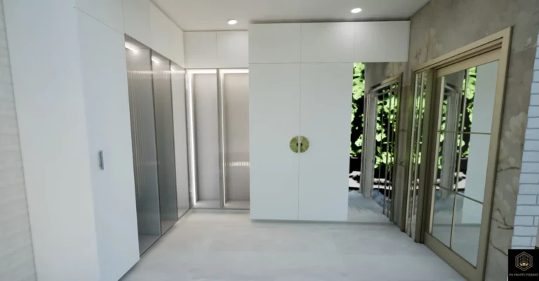 Zdjęcie garderoby na wymiar z eleganckimi białymi frontami i szklanymi wstawkami.