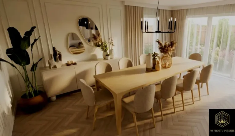 etal salonu: ozdobna tapeta w kolorze beżowym z ukrytymi drzwiami filomuro i subtelną sztukaterią z oświetleniem LED.