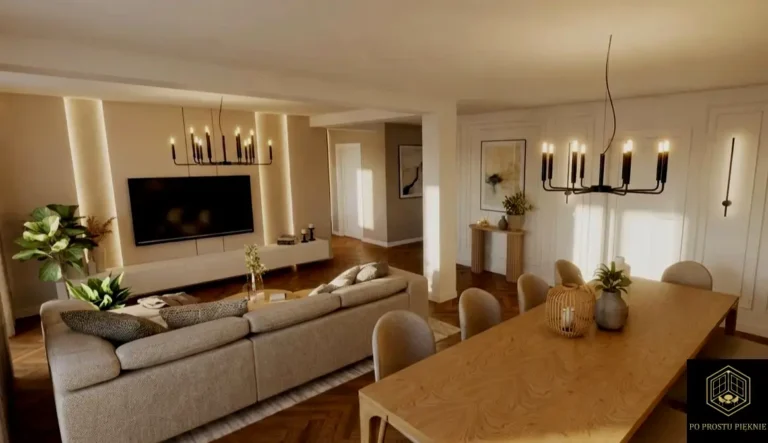 Strefa wypoczynkowa: welurowa beżowa rogówka, dywan z grubym włosiem, jasne zasłony i ściana telewizyjna w kolorach ziemi.